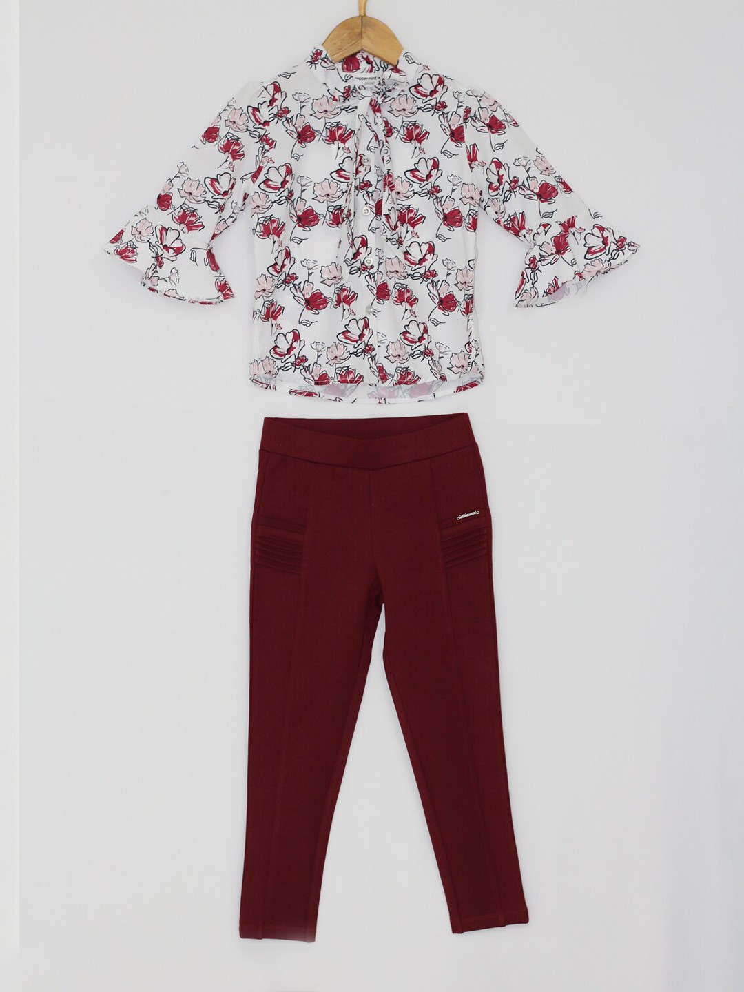 

Peppermint Girls Maroon & White Printed Top with Trousers
