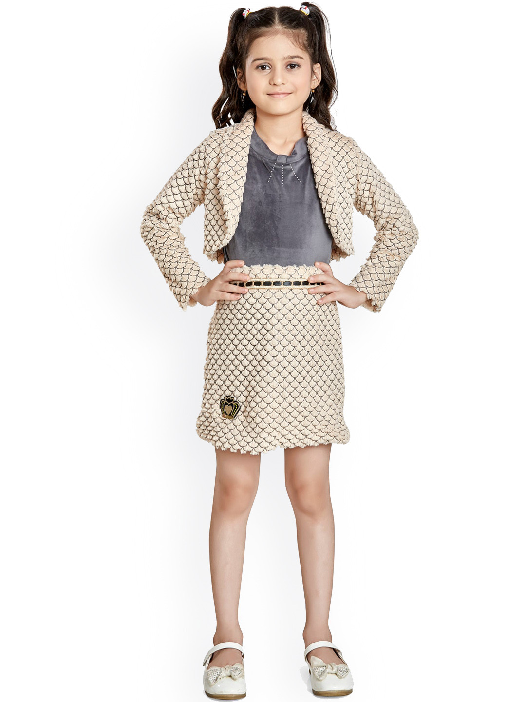 

Peppermint Girls Beige Printed Top with Skirt & Jacket
