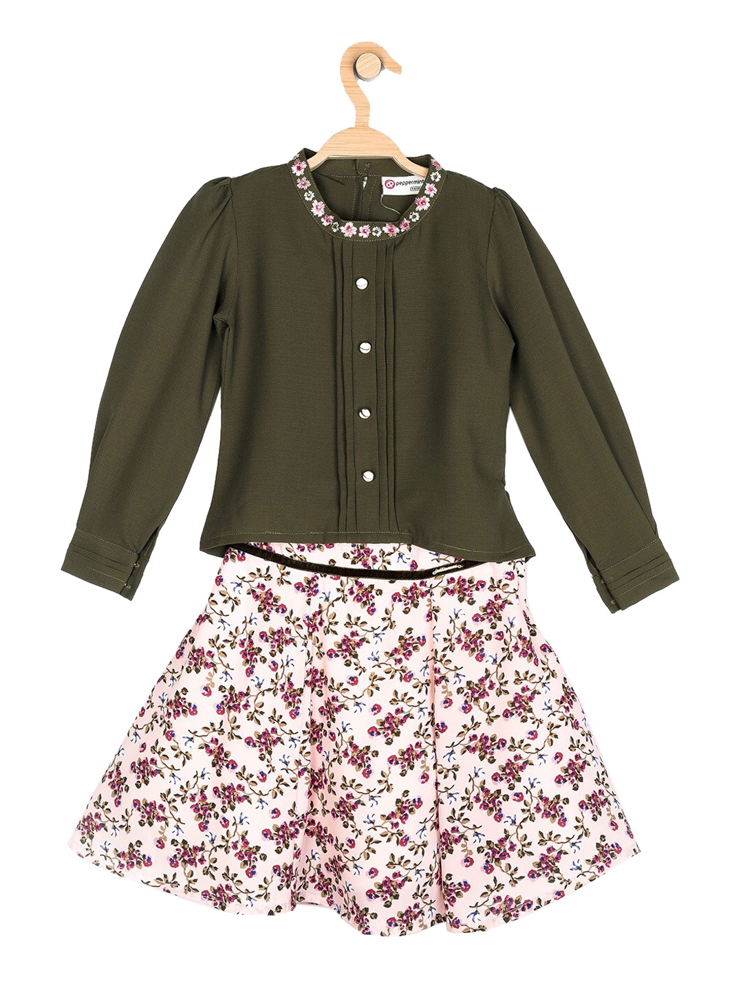 

Peppermint Girls Olive Green & White Top with Skirt
