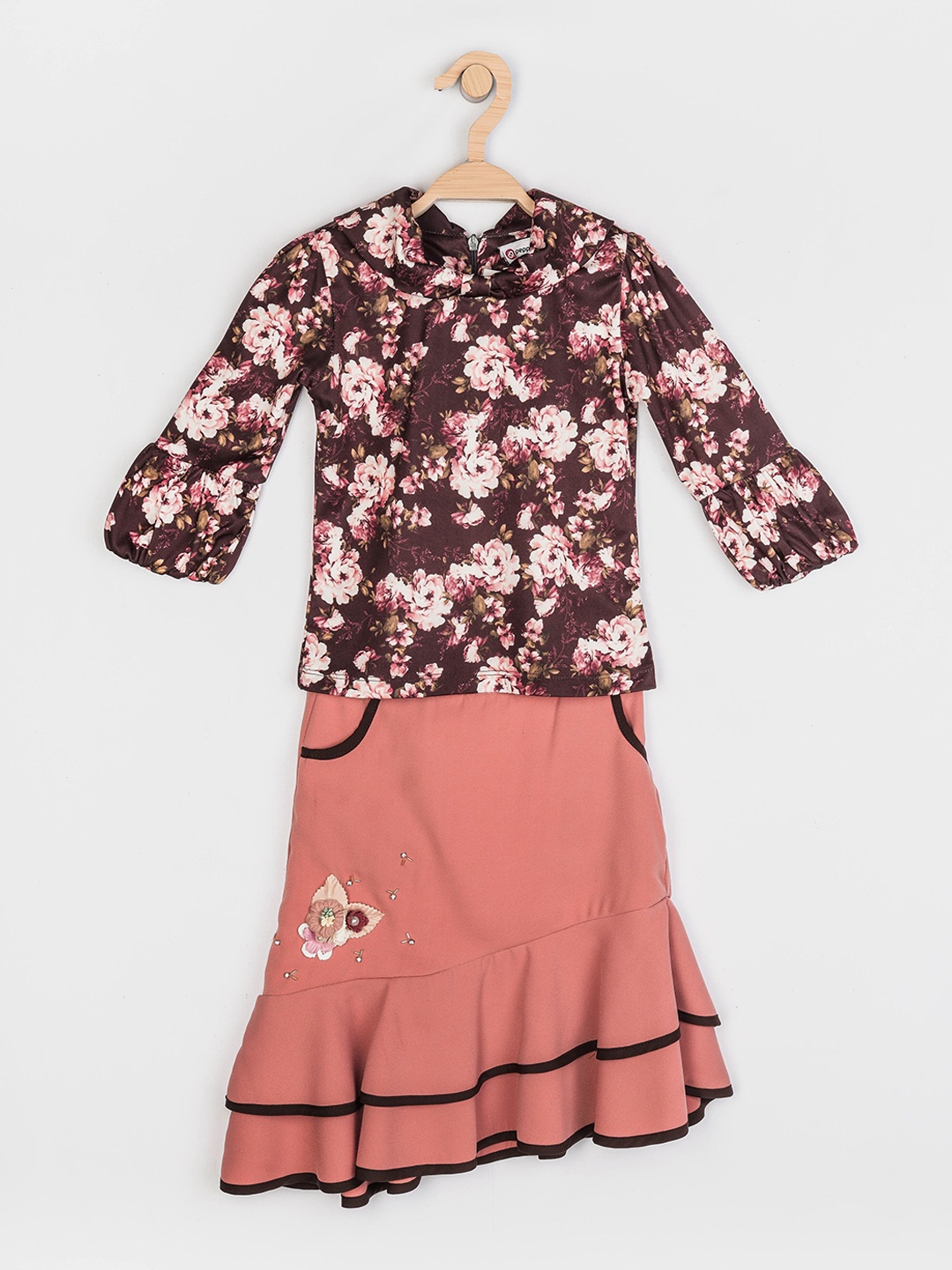 

Peppermint Girls Brown & Peach-Coloured Printed Top with Skirt