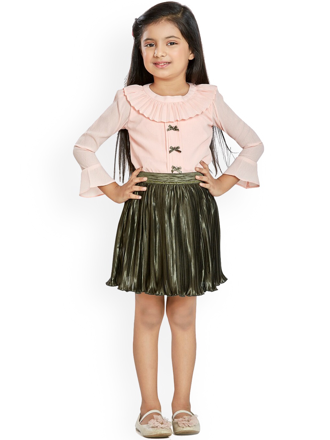 

Peppermint Girls Olive Green & Peach Top With Skirt