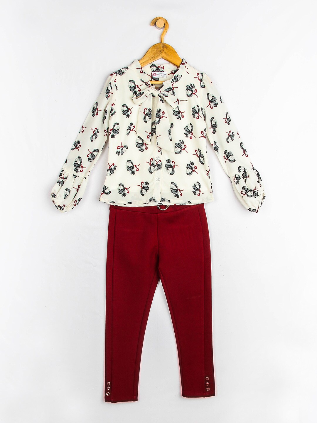 

Peppermint Girls Maroon & White Printed Top with Trousers With Jacket