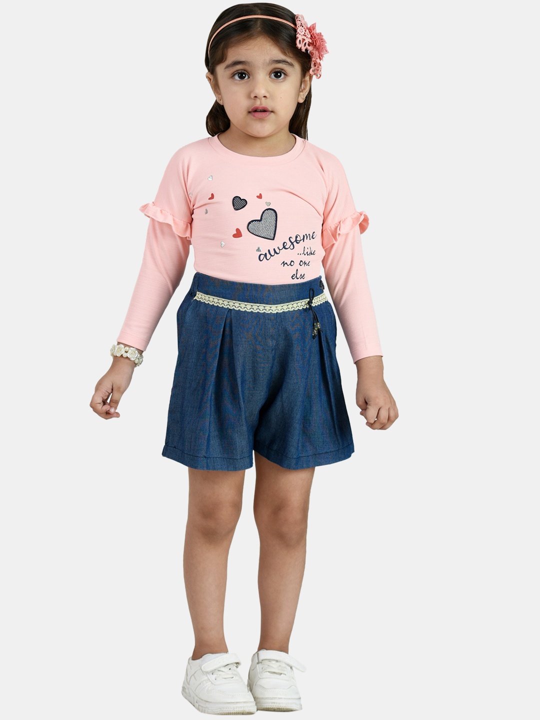

Peppermint Girls Peach-Coloured & Blue Printed Top with Shorts