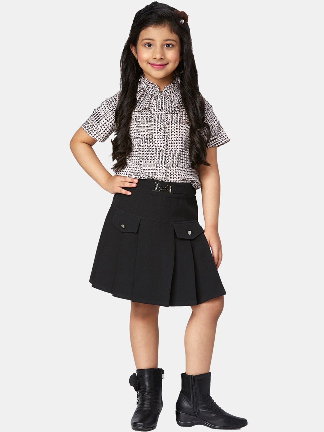

Peppermint Girls Black & White Printed Top With Skirt