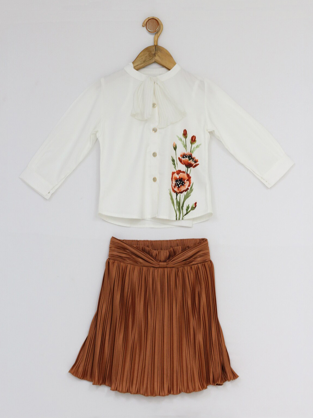 

Peppermint Girls Off White & Copper-Toned Printed Top With Skirt