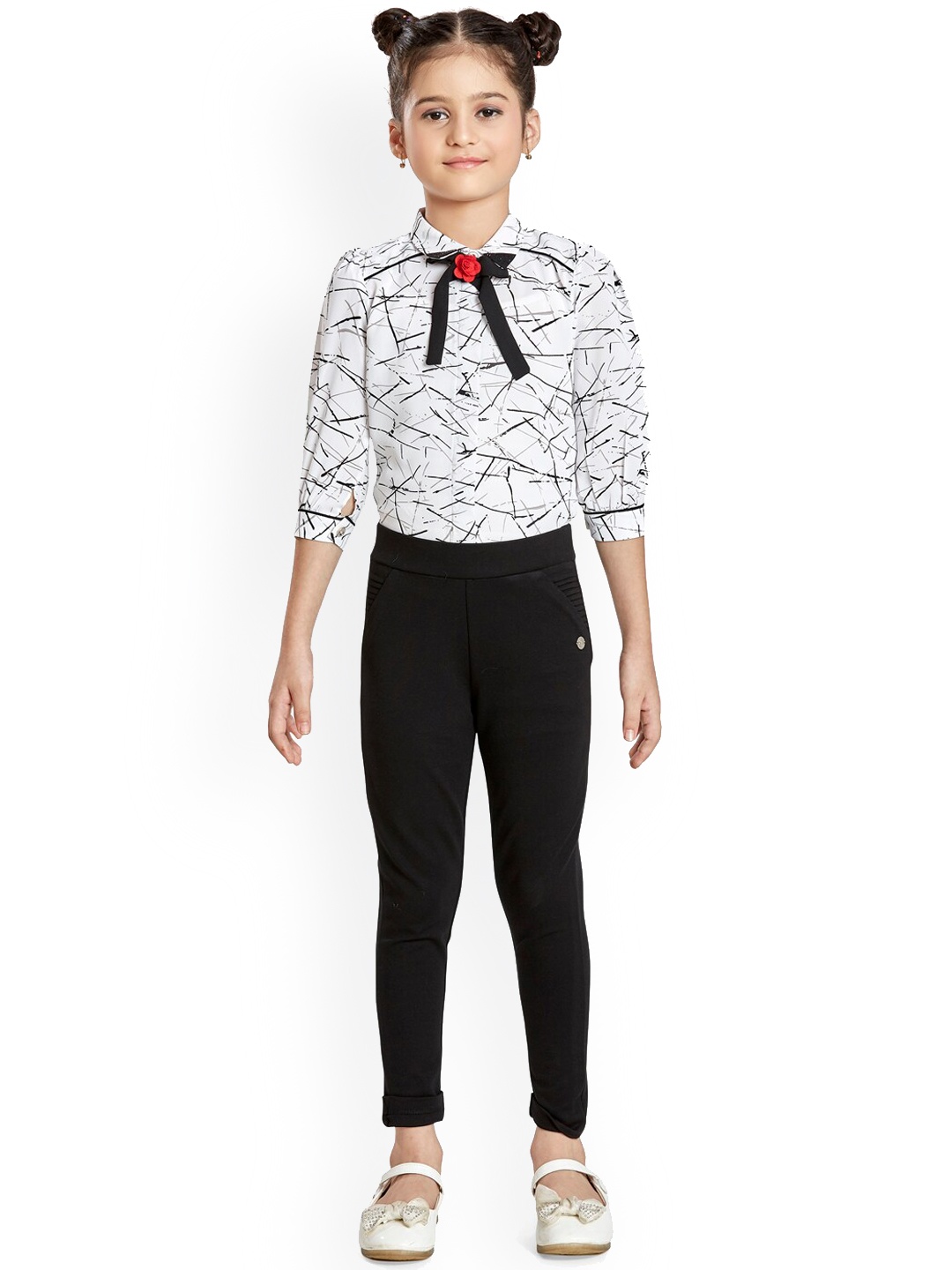 

Peppermint Girls Off White & Black Printed Top With Trousers