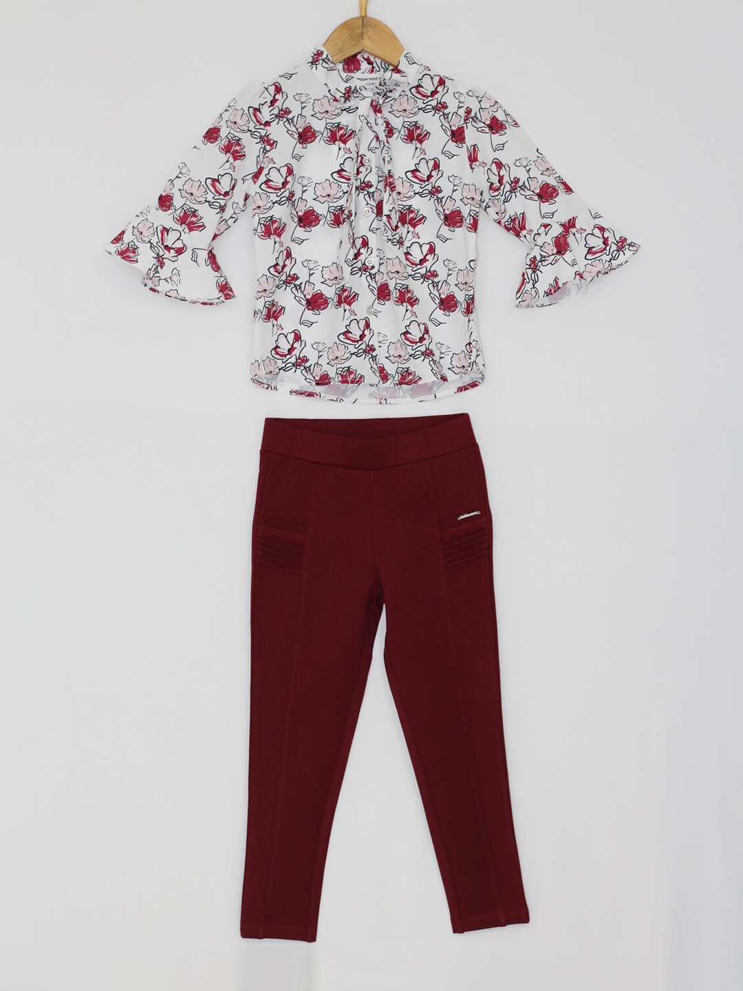 

Peppermint Girls Maroon & White Printed Top With Trousers
