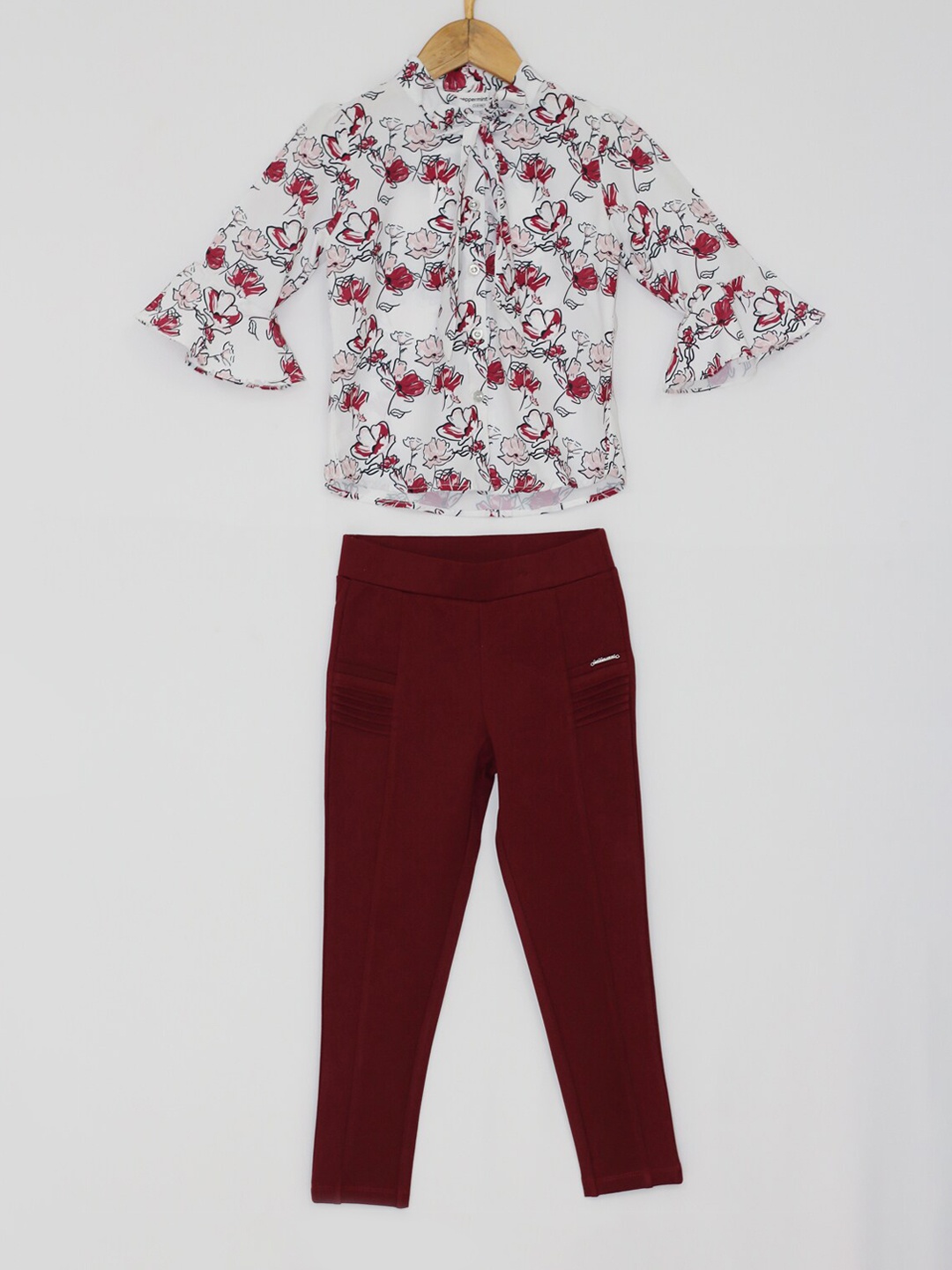 

Peppermint Girls Maroon & White Printed Top with Trousers