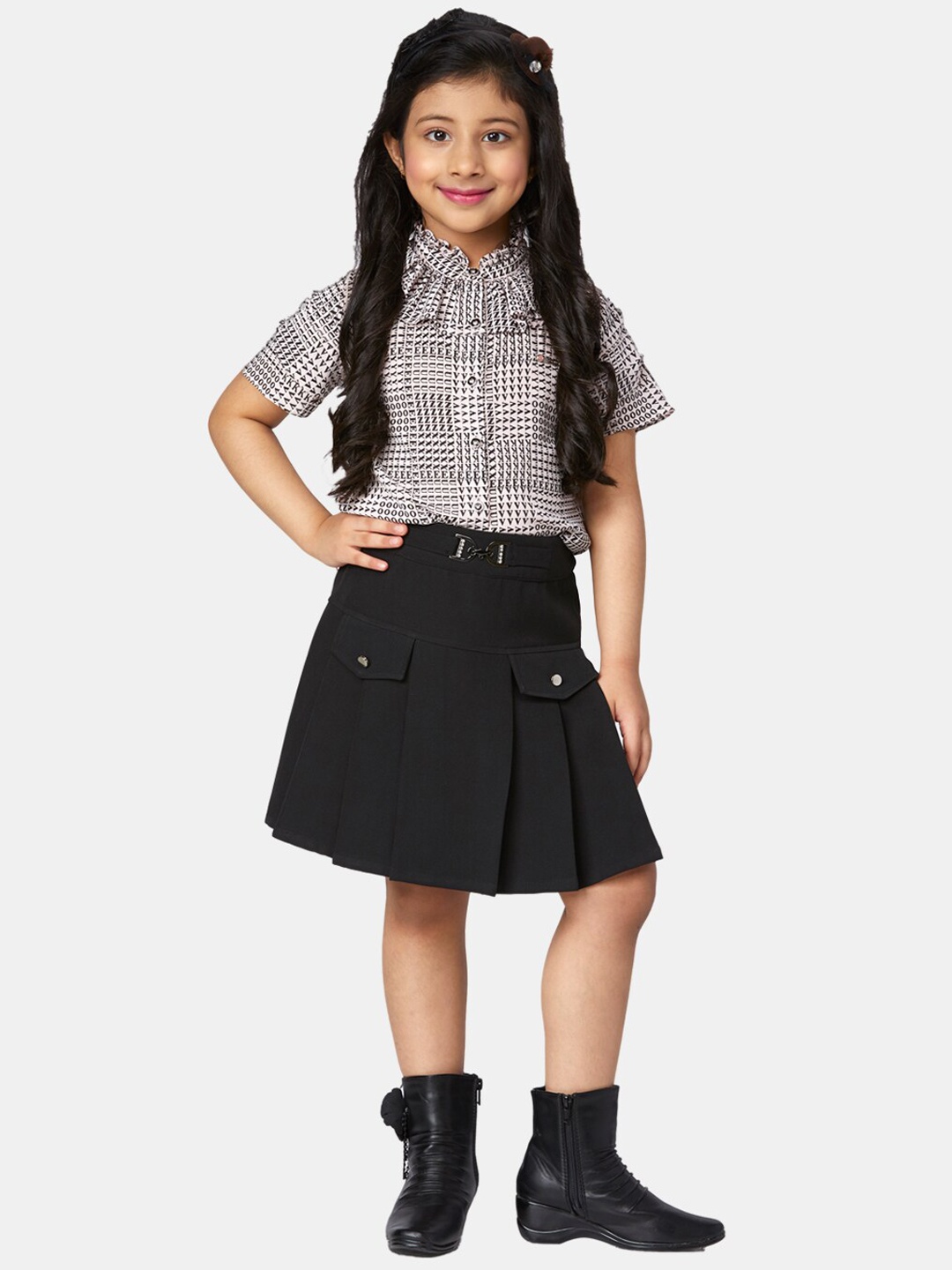 

Peppermint Girls Black & White Printed Shirt with Skirt