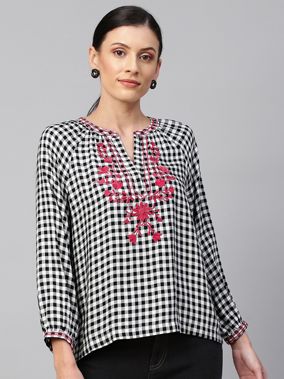 

Chemistry Black Checked Top with Embroidery detail