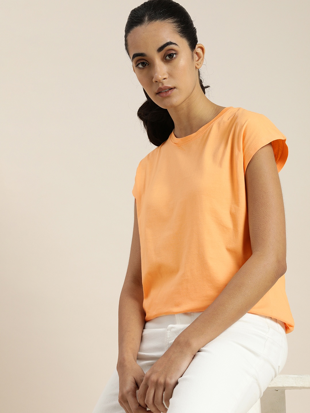 

ether Women Orange Solid Pure Cotton Extended Sleeves Top