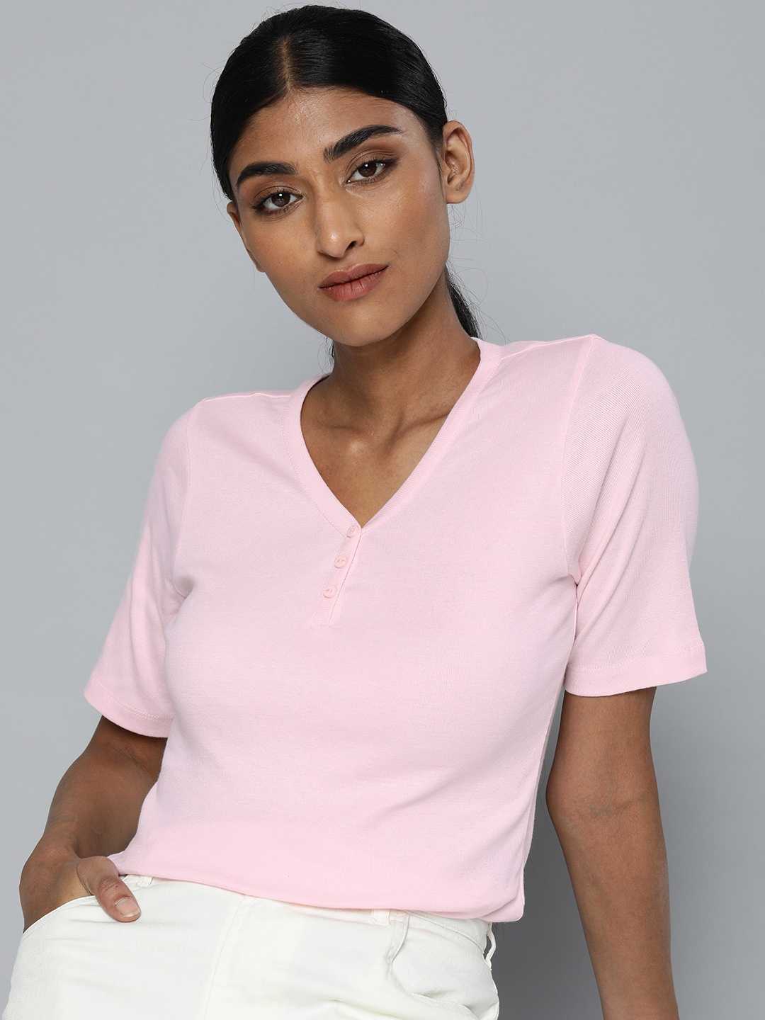 

ether Women Solid V-Neck Pure Cotton T-shirt, Pink