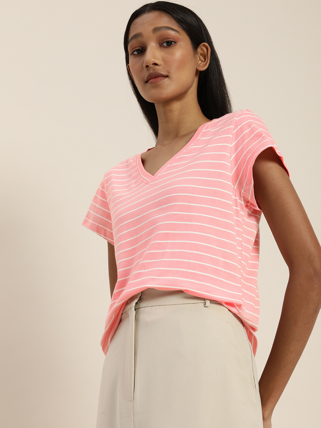 

ether Women Pink & White Striped Pure Cotton V-Neck T-shirt