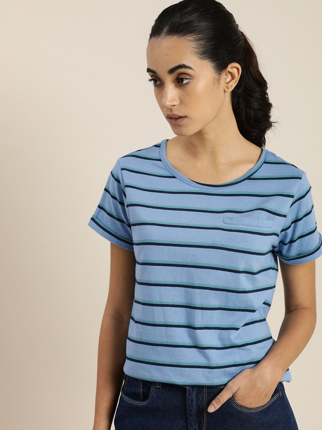 

ether Women Blue & Green Striped Round Neck T-shirt