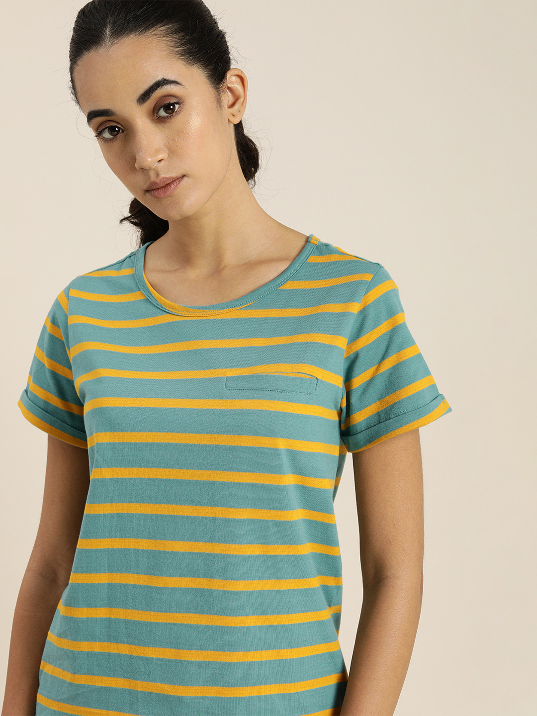 

ether Women Green & Yellow Striped Pure Cotton T-shirt