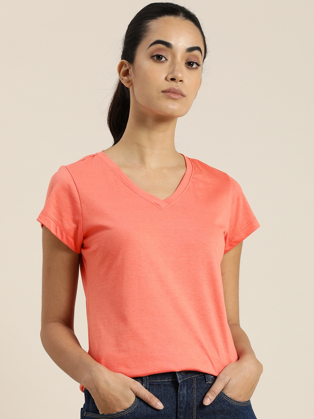 

ether Women Coral Orange Solid Pure Cotton V-Neck T-shirt