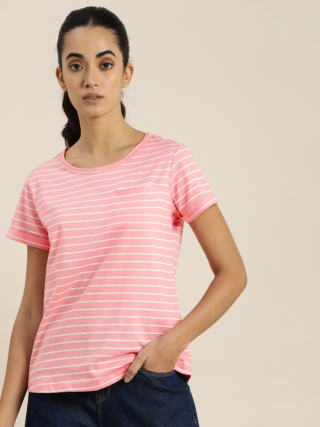 

ether Women Pink & White Striped Pure Cotton T-shirt