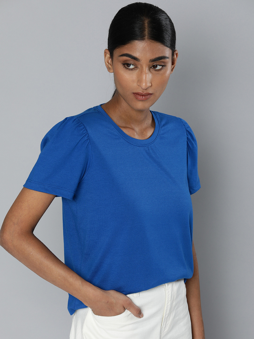 

ether Women Blue Solid Puff Sleeves Top