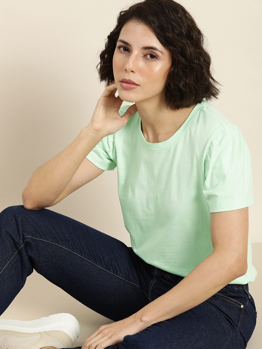 

ether Women Sea Green Solid Round-Neck Regular Top