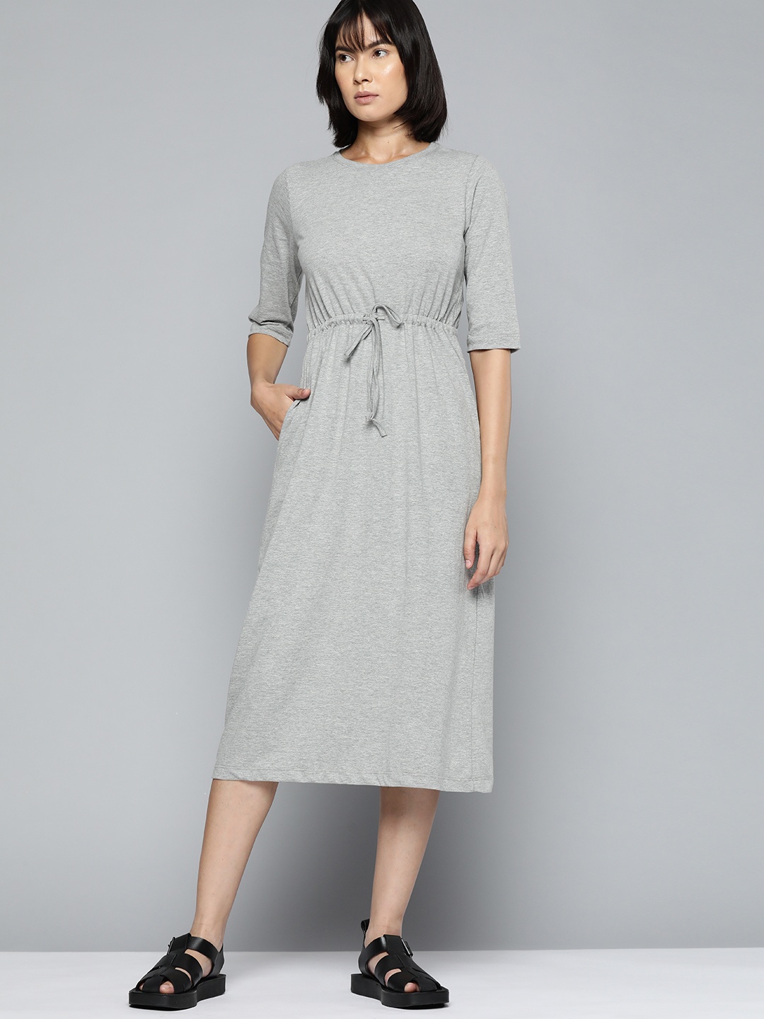 

ether Women Grey Melange Solid A-Line Midi Dress