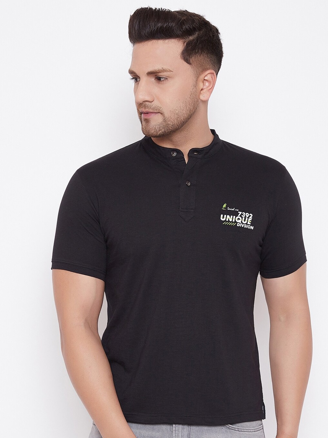 

HARBOR N BAY Men Black Printed V-Neck Applique T-shirt