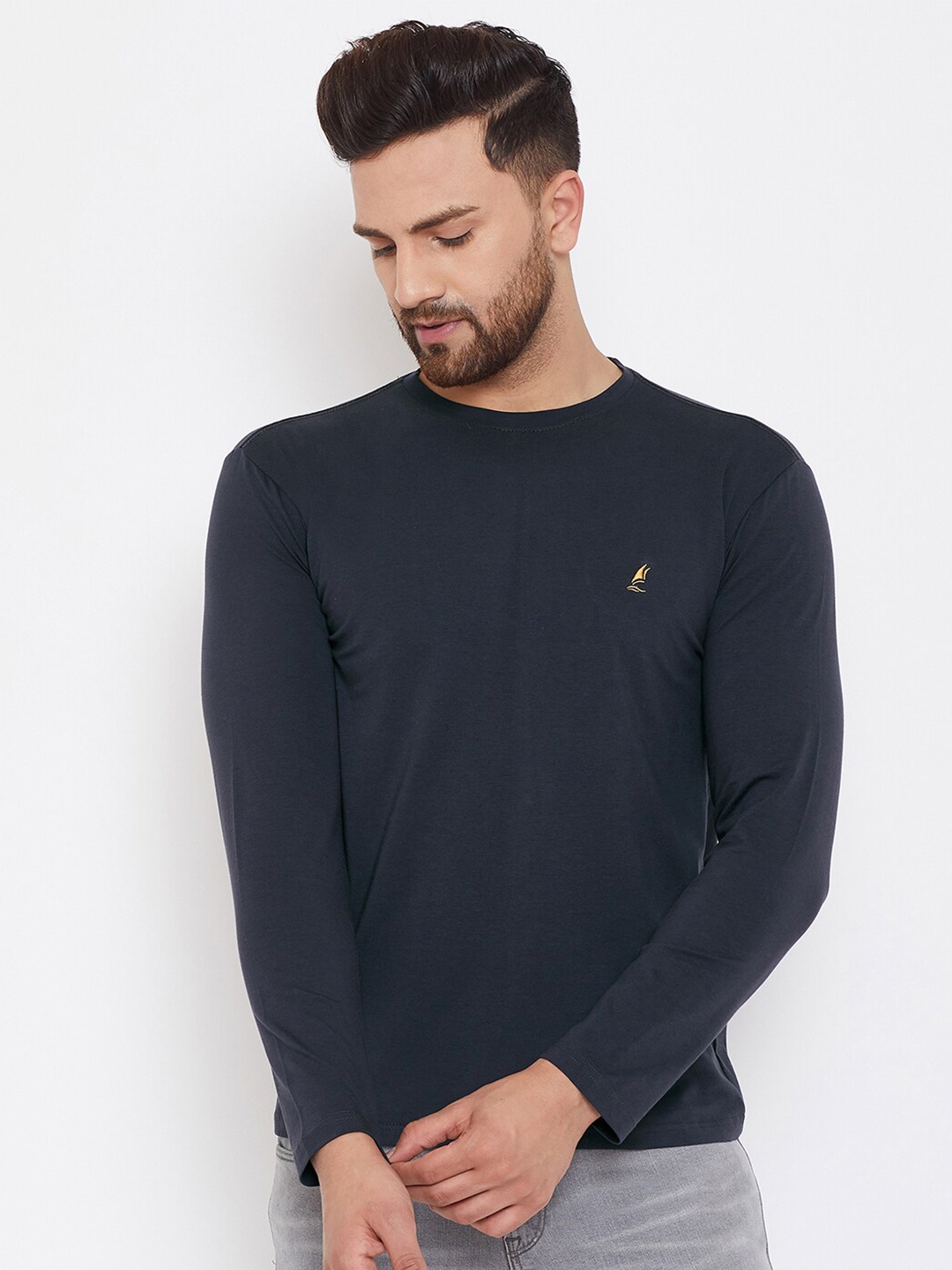 

HARBOR N BAY Men Charcoal Solid Cotton T-shirt