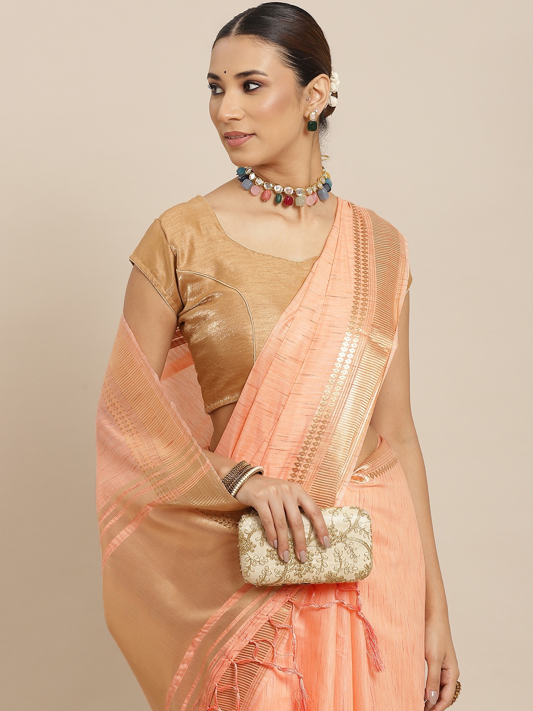 

Havida Sarees Peach-Coloured & Golden Pure Linen Woven Design Arani Saree