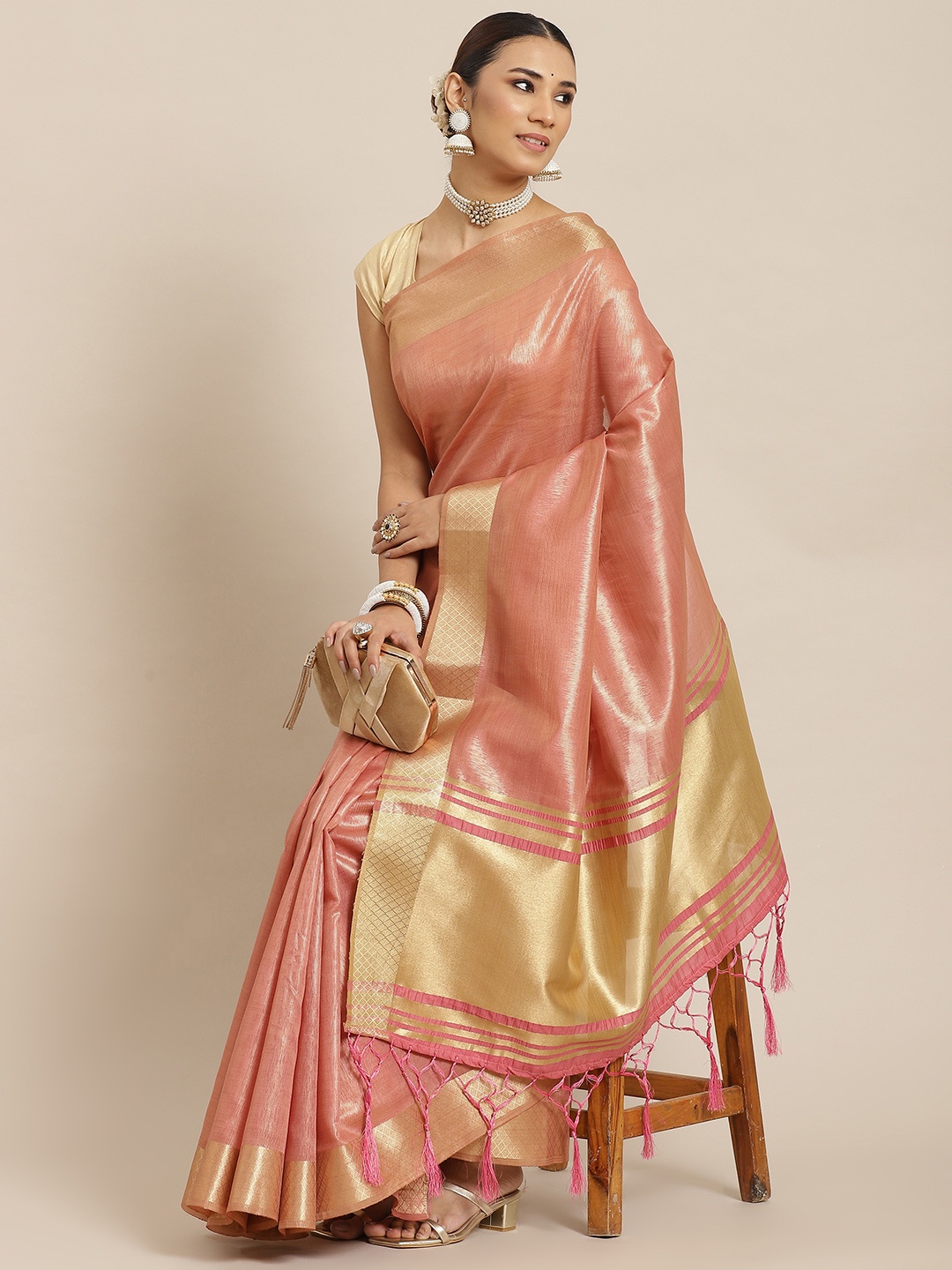 

Havida Sarees Pink Woven Design Silk Cotton Arani Saree