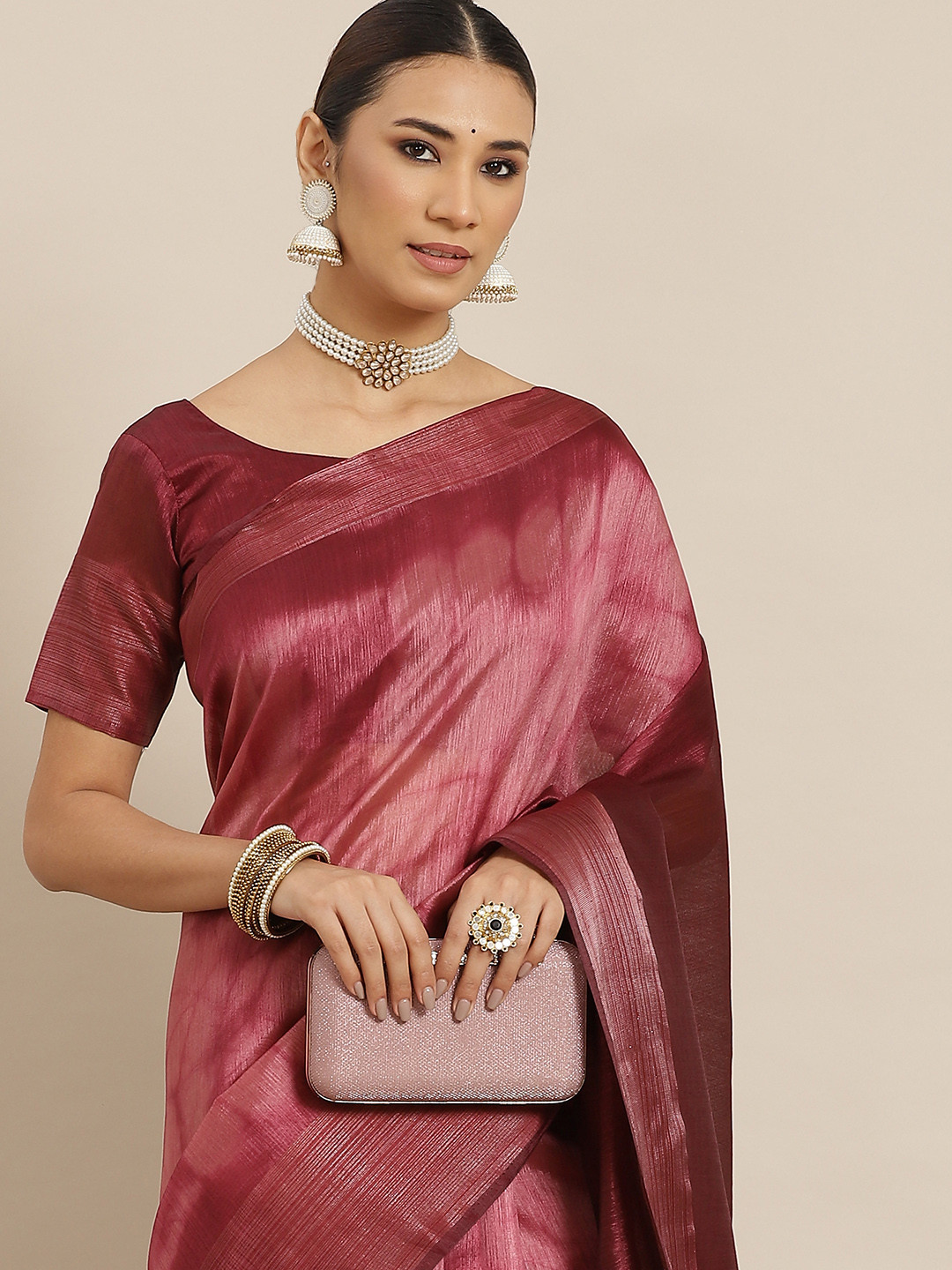 

Havida Sarees Pink & Maroon Woven Design Zari Border Art Silk Saree With Blouse Piece