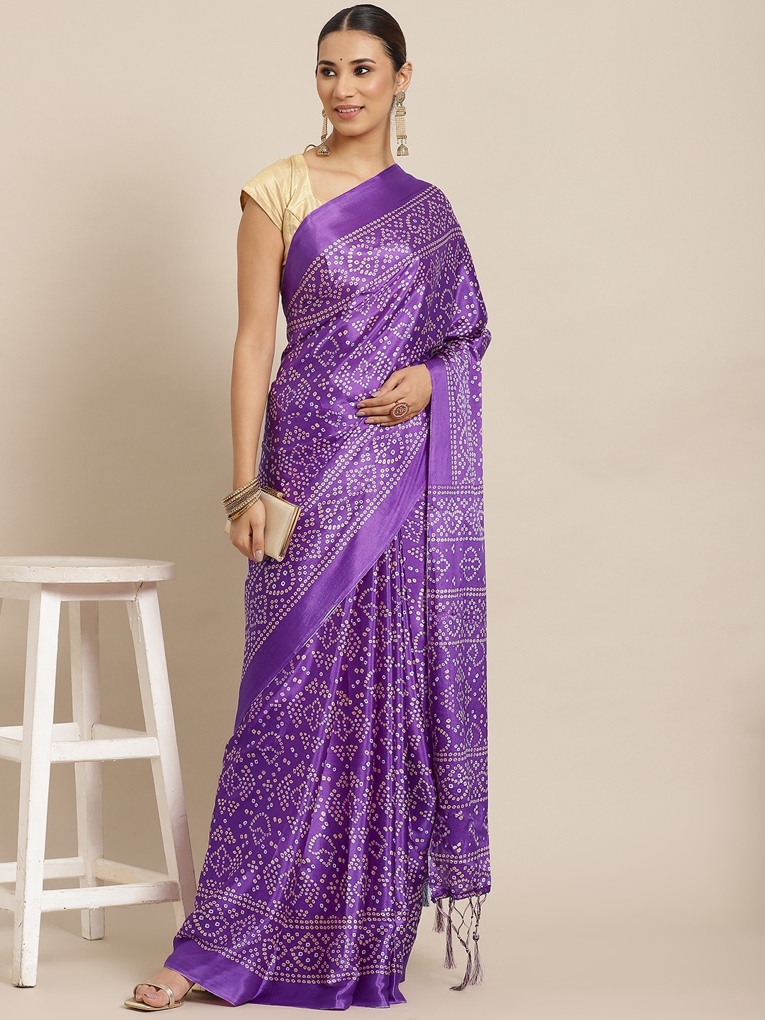 

Havida Sarees Purple Bandhani Block Print Saree