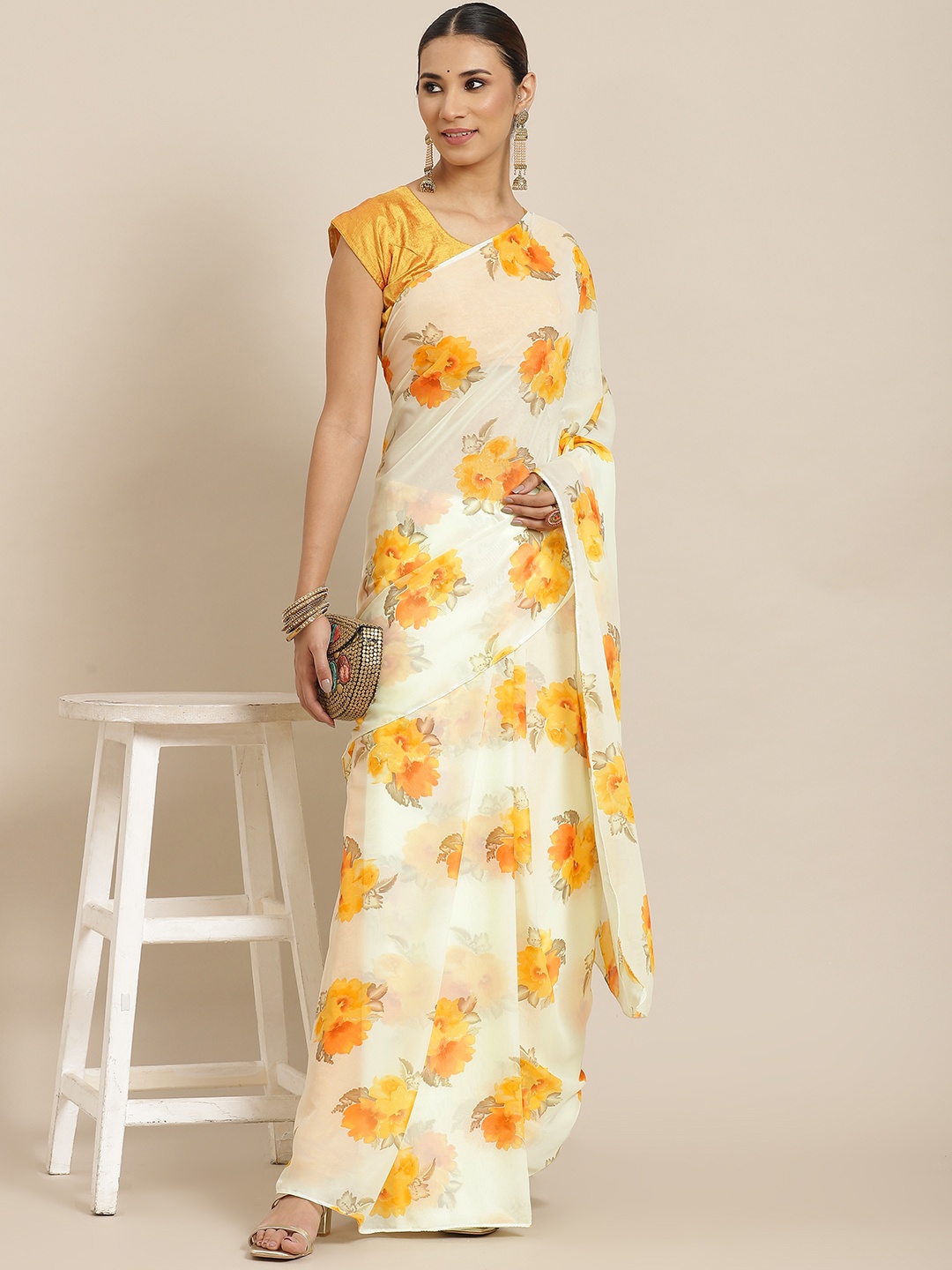 

Havida Sarees Off White & Yellow Floral Printed Saree
