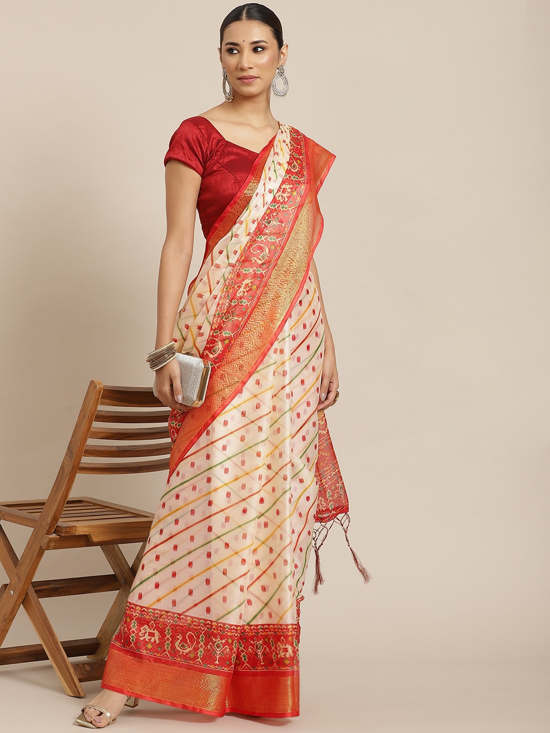 

Havida Sarees Cream-Coloured Soft Tissue Chiffon Patola Print Saree