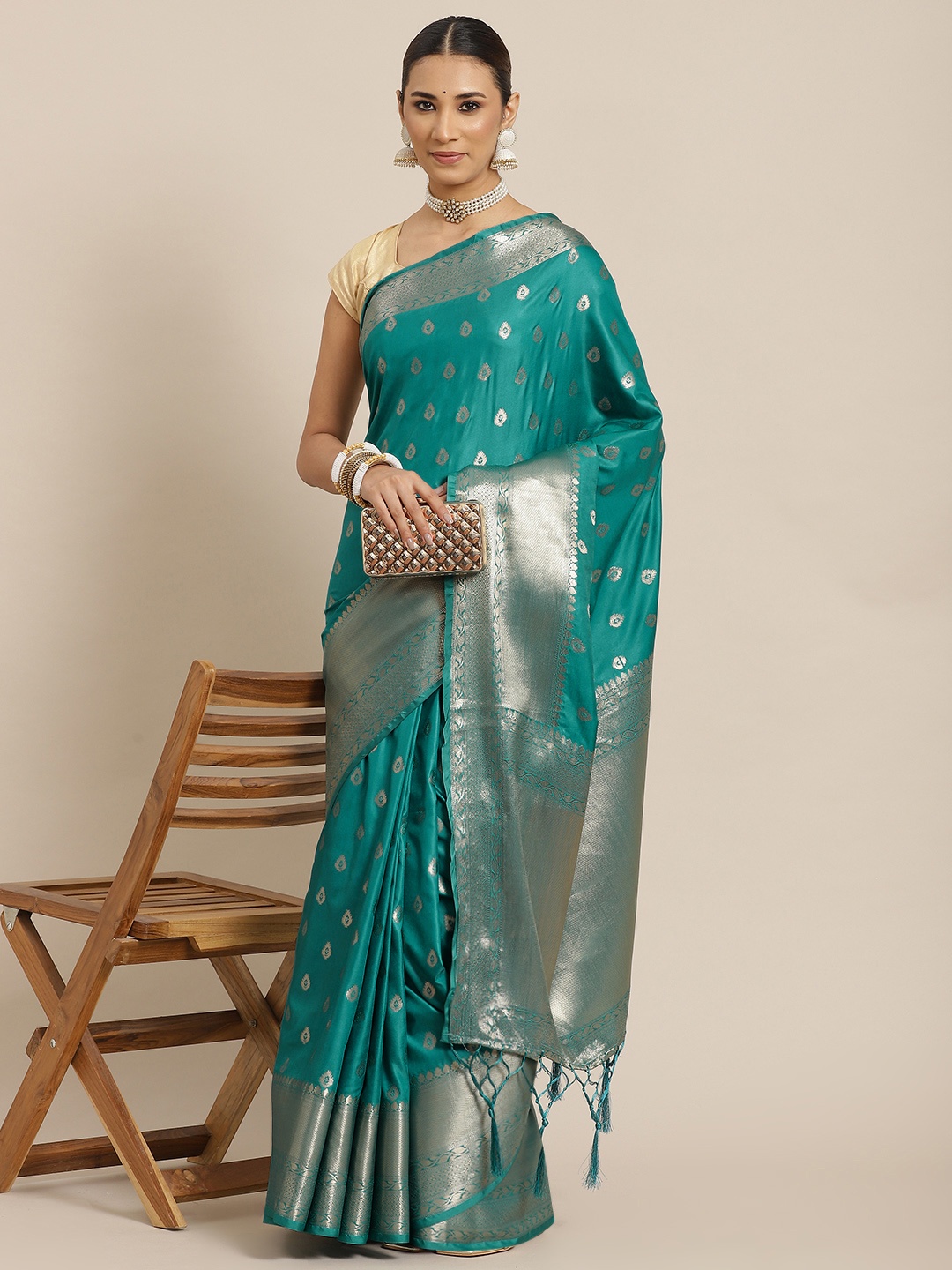 

Havida Sarees Turquoise Blue & Silver Ethnic Motifs Banarasi Saree