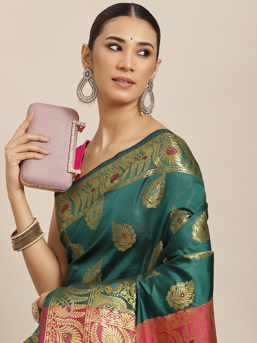 

Havida Sarees Sea Green & Pink Woven Design Zari Border Banarasi Saree with Blouse Piece