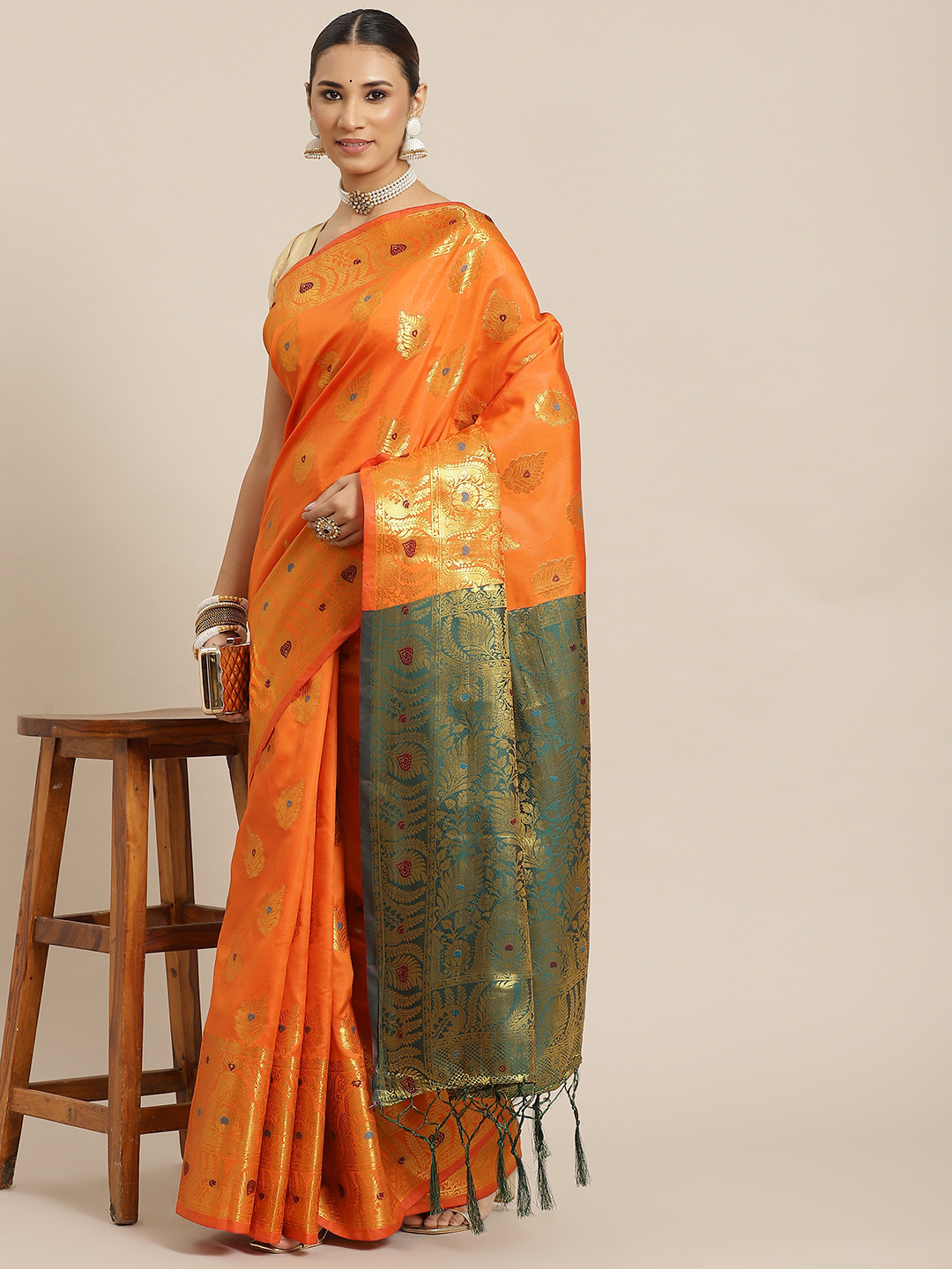 

Havida Sarees Orange & Green Woven Design Zari Border Banarasi Saree with Blouse Piece