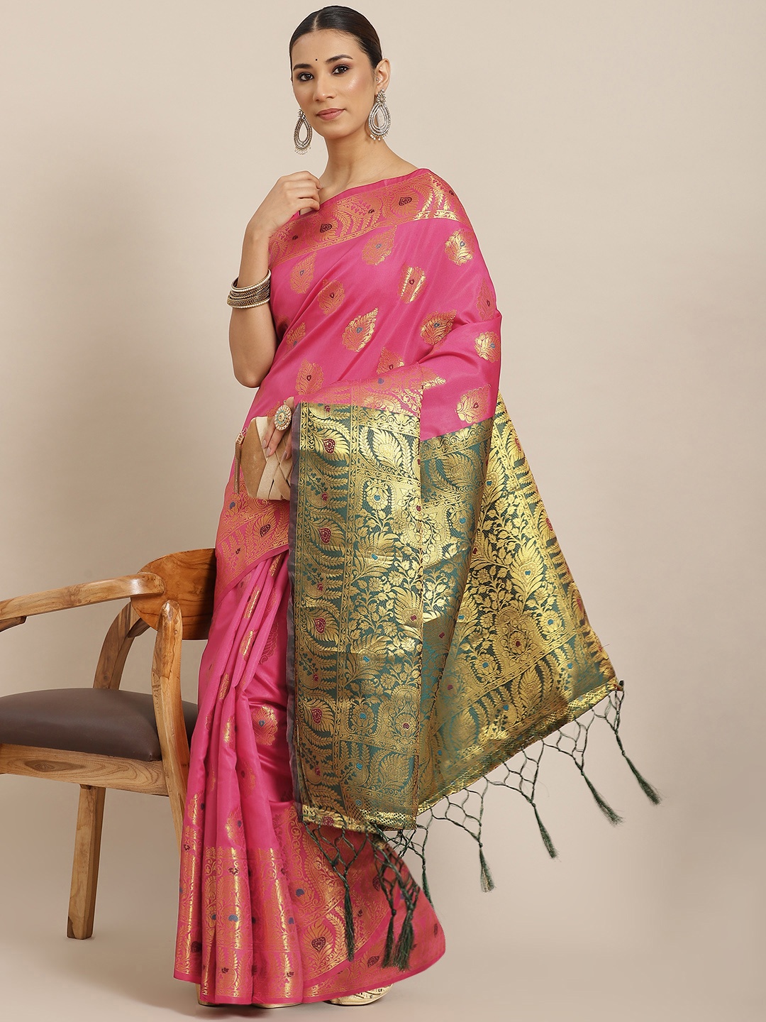 

Havida Sarees Pink & Golden Woven Design Banarasi Saree