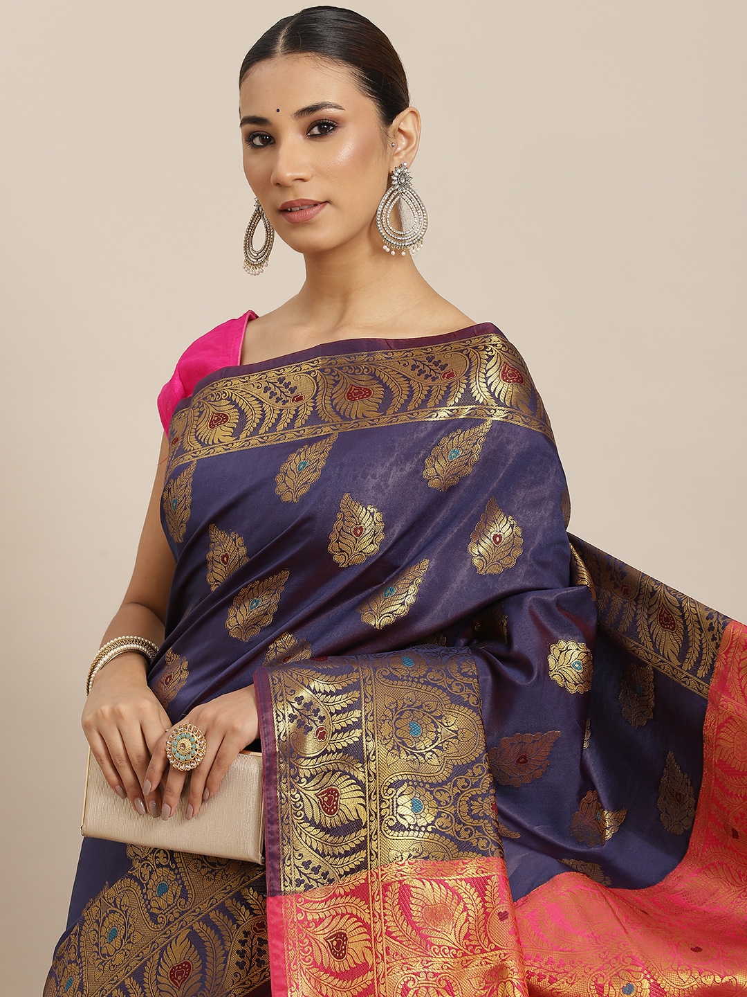 

Havida Sarees Navy Blue & Golden Woven Design Banarasi Saree