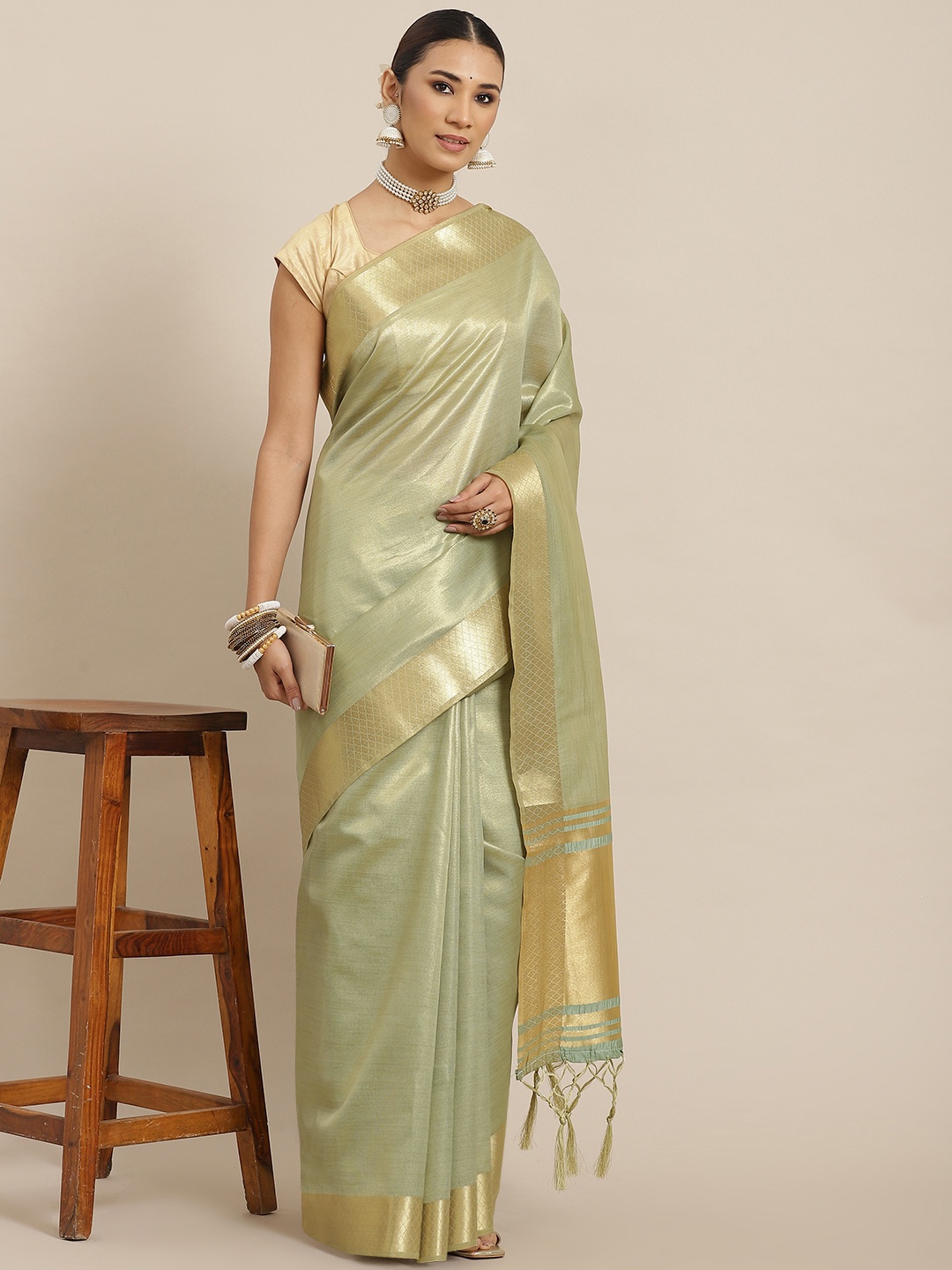 

Havida Sarees Pista Green Woven Design Cotton Silk Arani Saree