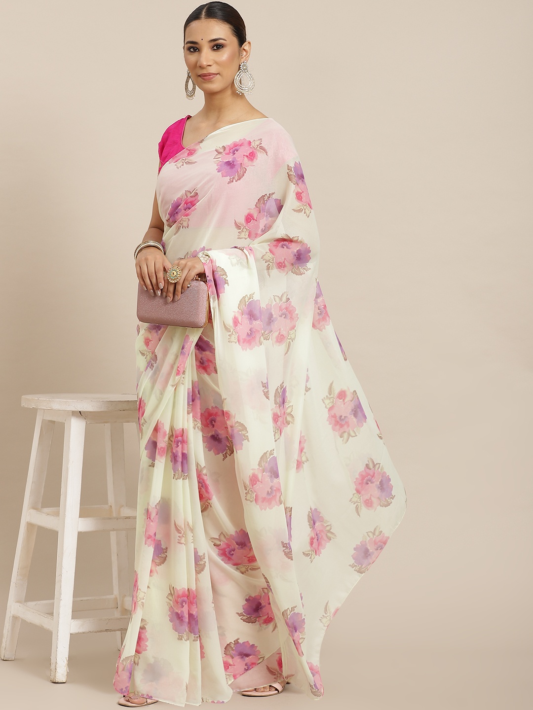 

Havida Sarees Off White & Pink Floral Print Saree