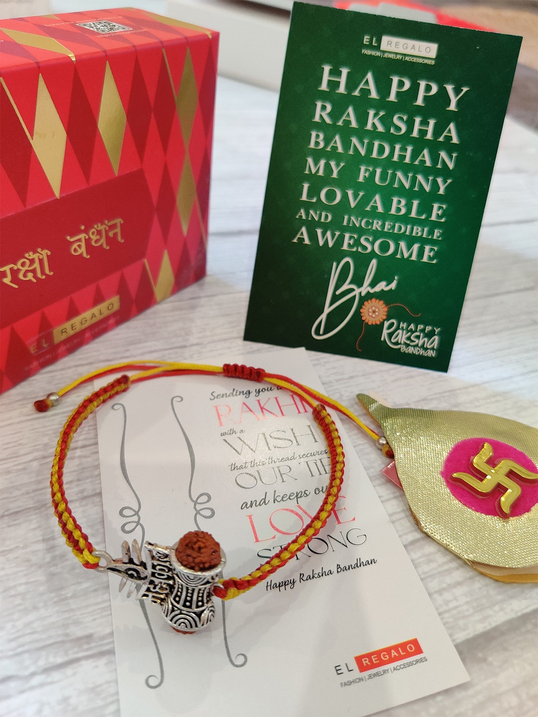 

EL REGALO Men Silver-Toned & Red Rakshabandhan Combo with Greeting Card Roli Chawal