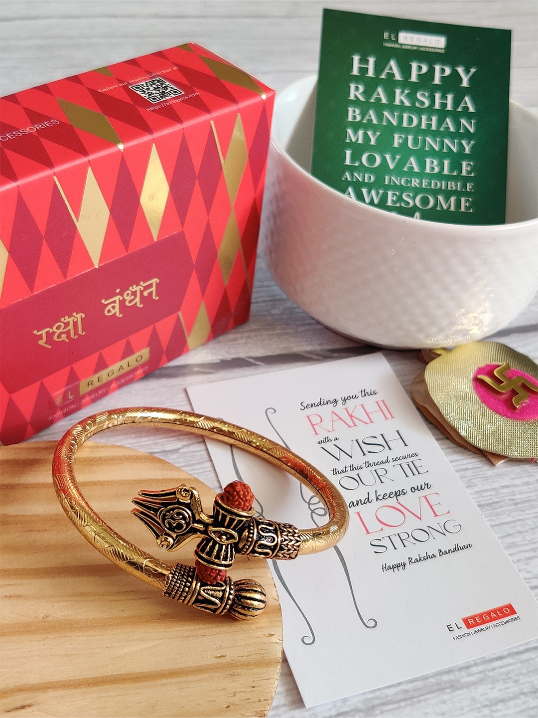 

EL REGALO Men Gold-Toned Om Kada Rudraksh Rakhi Combo with Greeting Card Roli Chawal