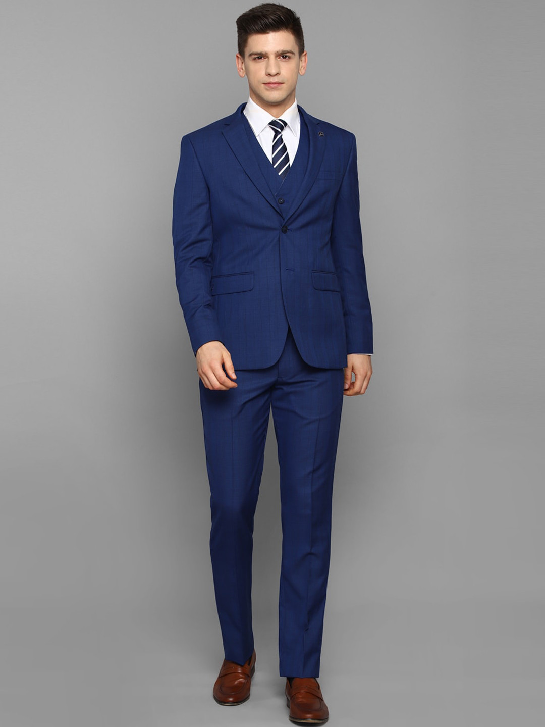 

Allen Solly Men Navy Blue Checked Single-Breasted Slim-Fit Three-Piece Suit