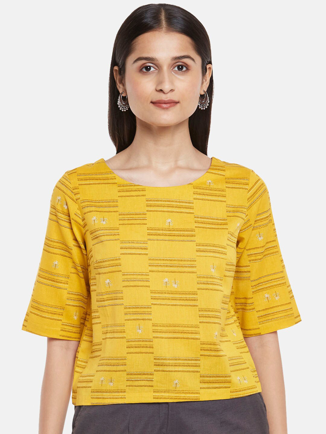 

AKKRITI BY PANTALOONS Mustard Yellow Striped Top