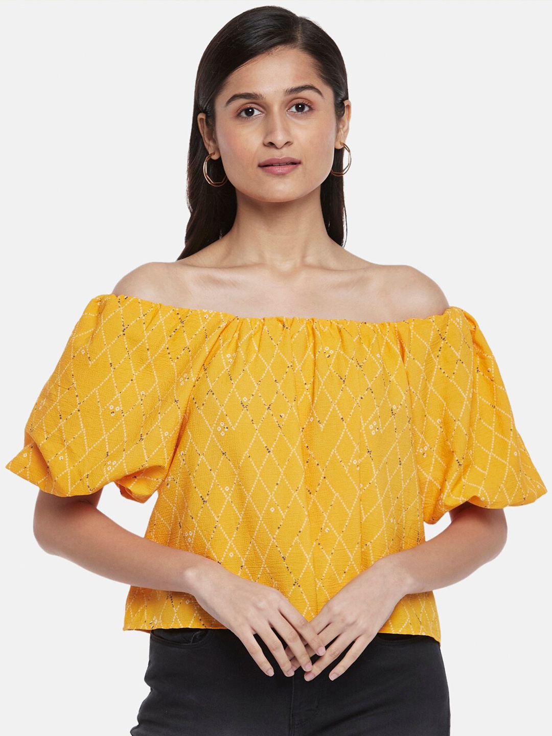 

People Women Mustard Yellow Geometric Printed Off-Shoulder Crepe Bardot Top