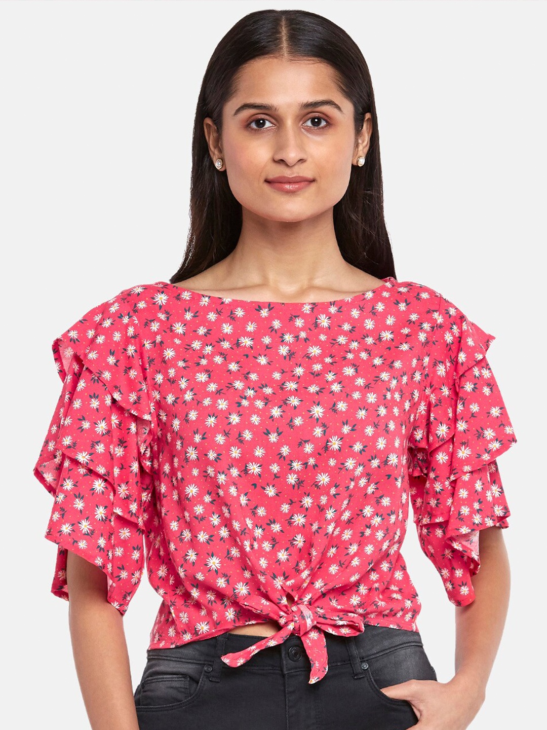 

People Pink & White Floral Print Layered Flared Sleeves Top