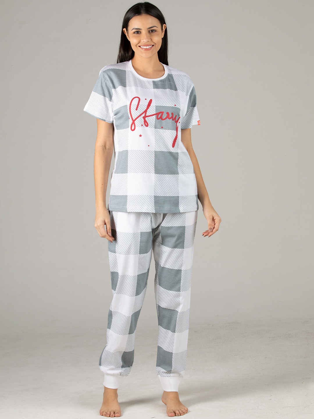 

evolove Women Blue & White Checked Pure Cotton Night suit