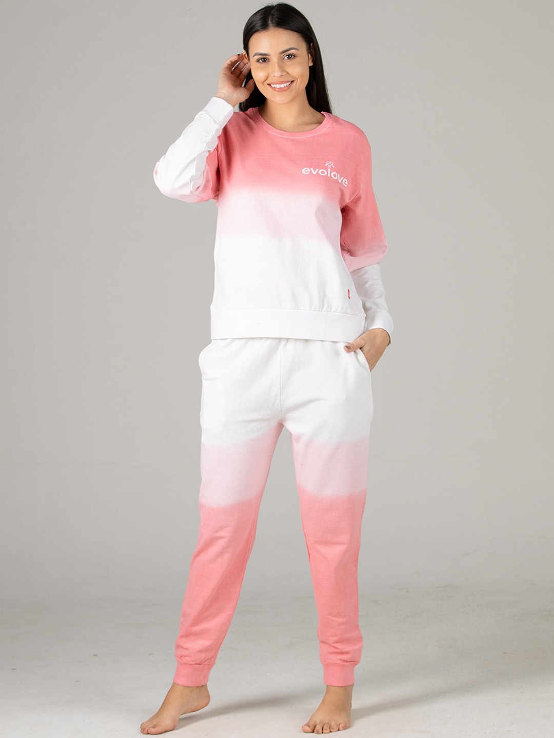 

evolove Women Pink & White Printed Cotton Night suit