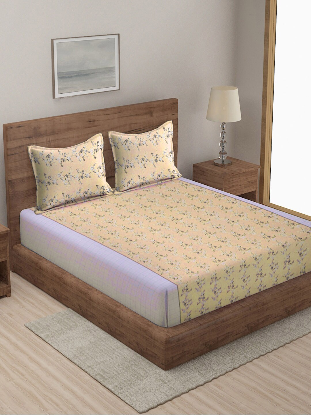 

KLOTTHE Yellow & Grey Floral Pure Cotton 300 TC King Bedsheet with 2 Pillow Covers