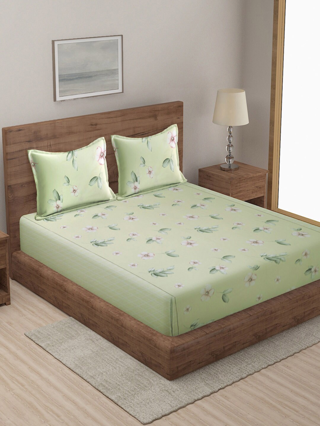

KLOTTHE Green & White Floral 300 TC Pure Cotton King Bedsheet with 2 Pillow Covers