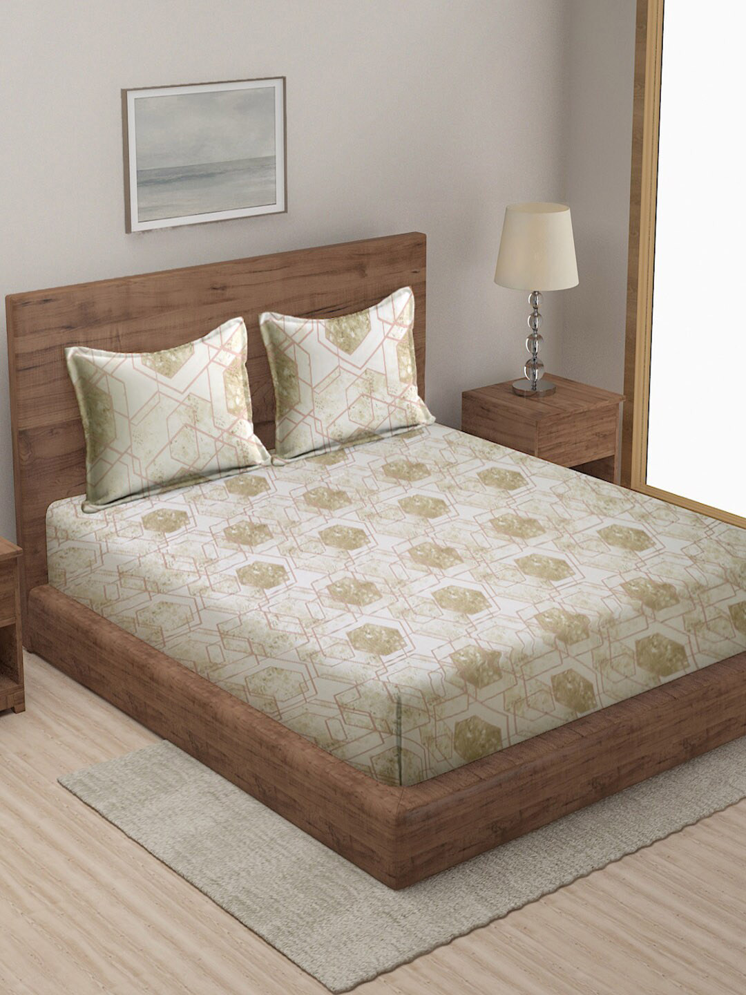 

KLOTTHE Geometric Print 300 TC King Size Bedsheet with 2 Pillow Covers, Cream